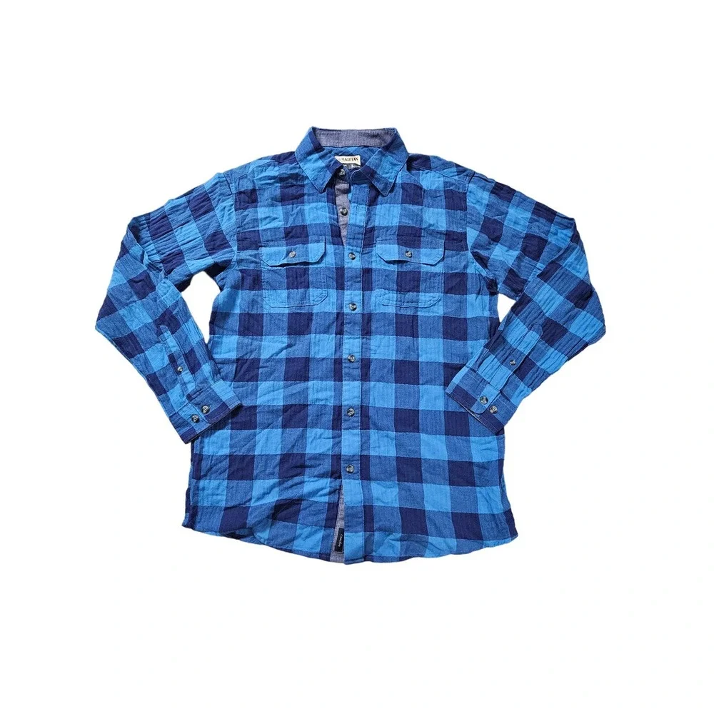 Megellan Long Sleeve Mens Shirt Small Flannel Button Up Pocket Blue Black Plaid